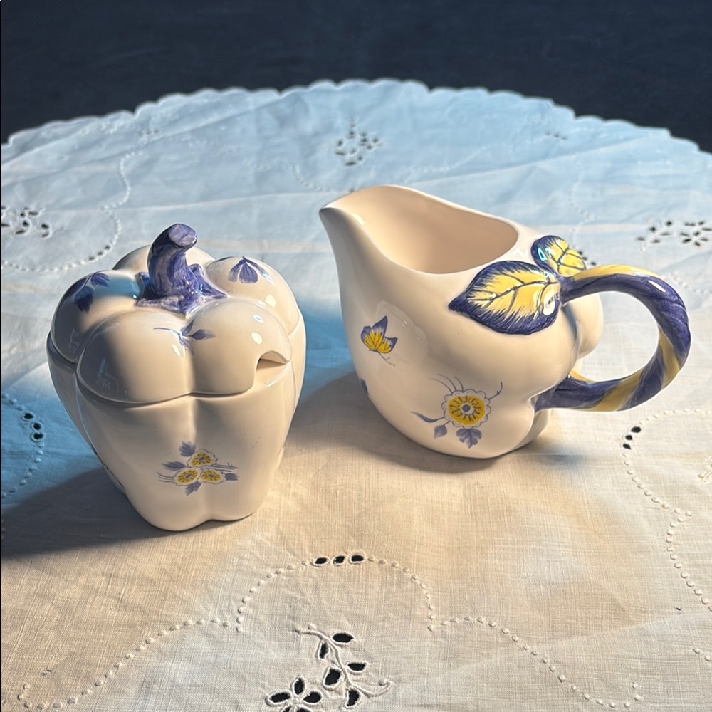 Spode Imperial Garden Sugar Bowl w/Lid and  Creamer Yellow & Blue Floral